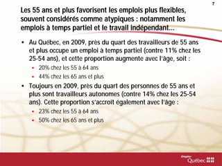 7
Les 55 ans et plus favorisent les emplois plus flexibles,
souvent considérés comme atypiques : notamment les
emplois à temps partiel et le travail indépendant...
• Au Québec, en 2009, près du quart des travailleurs de 55 ans
et plus occupe un emploi à temps partiel (contre 11% chez les
25-54 ans), et cette proportion augmente avec l’âge, soit :
 20% chez les 55 à 64 ans
 44% chez les 65 ans et plus
• Toujours en 2009, près du quart des personnes de 55 ans et
plus sont travailleurs autonomes (contre 14% chez les 25-54
ans). Cette proportion s’accroît également avec l’âge :
 23% chez les 55 à 64 ans
 50% chez les 65 ans et plus
 