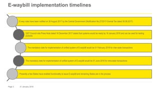 Page 3 31 January 2018
E-way rules have been notified on 30 August 2017 by the Central Government (Notification No.27/2017-Central Tax dated 30.08.2017)
GST Council vide Press Note dated 16 December 2017 stated that systems would be ready by 16 January 2018 and can be used for testing
purpose
The mandatory date for implementation of unified system of E-waybill would be 01 February 2018 for inter-state transactions
The mandatory date for implementation of unified system of E-waybill would be 01 June 2018 for intra-state transactions
Presently a few States have enabled functionality to issue E-waybill and remaining States are in the process
E-waybill implementation timelines
 
