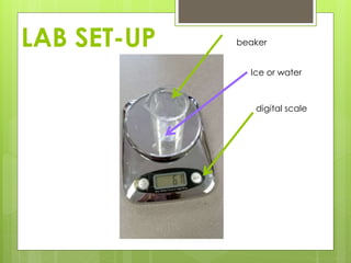 LAB SET-UP beaker
Ice or water
digital scale
 