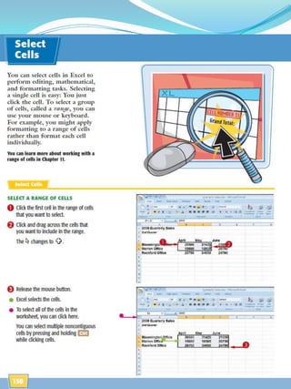 DescriptionPartsExcel 2007Office Button - provides access to workbook-level features and program settings.Quick Access Toolbar - is a collection of buttons that provide one-click access to commonly used commands, such as Save, Undo, and Repeat.Title bar - displays the name of the active workbook and the Excel program name.Ribbon – main set of commands organized by task into tabs and groups.Column headings – letters that appear along the top of the worksheet window to identify the different columns in the worksheet.Workbook window – a window that displays an Excel workbook.Vertical scroll bar – a scroll bar used to scroll vertically through the workbook window.Horizontal scroll bar – a scroll bar used to scroll horizontally through the workbook window.Zoom controls – controls for magnifying and shrinking the content displayed in the active workbook window.View shortcuts – buttons used to change how the worksheet content is displayed – Normal, Page Layout, or Page Break Preview view.Sheet tabs – tabs that display the names of the worksheets in the workbookSheet tabs scrolling buttons – Buttons to scroll the list of sheet tabs in the workbookRow headings – The numbers that appear along the left of the worksheet window to identify the different rows in the worksheetSelect All button – a button used to select all of the cells in the active worksheetActive cell – the cell currently selected in the active worksheetName box – a box that displays the cell reference of the active cellFormula bar – a bar that displays the value or formula entered in the active cell.
