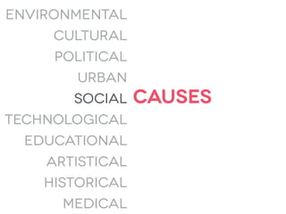 causessocial
environmental
cultural
urban
technological
political
educational
artistical
historical
medical
 