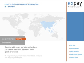 EXPAY IS THE FIRST PAYMENT AGGREGATOR
IN THAILAND

ONE CONTRACT AFFORDS MULTIPLE
OPPORTUNITIES!

Together with expay any Internet business
can receive electronic payments for its
goods or services.
We arrange receiving payments in respect of Internet stores and services
from all popular payment systems.

bank cards
electronic money
mobile payments
money transfer systems
payment kiosks

 