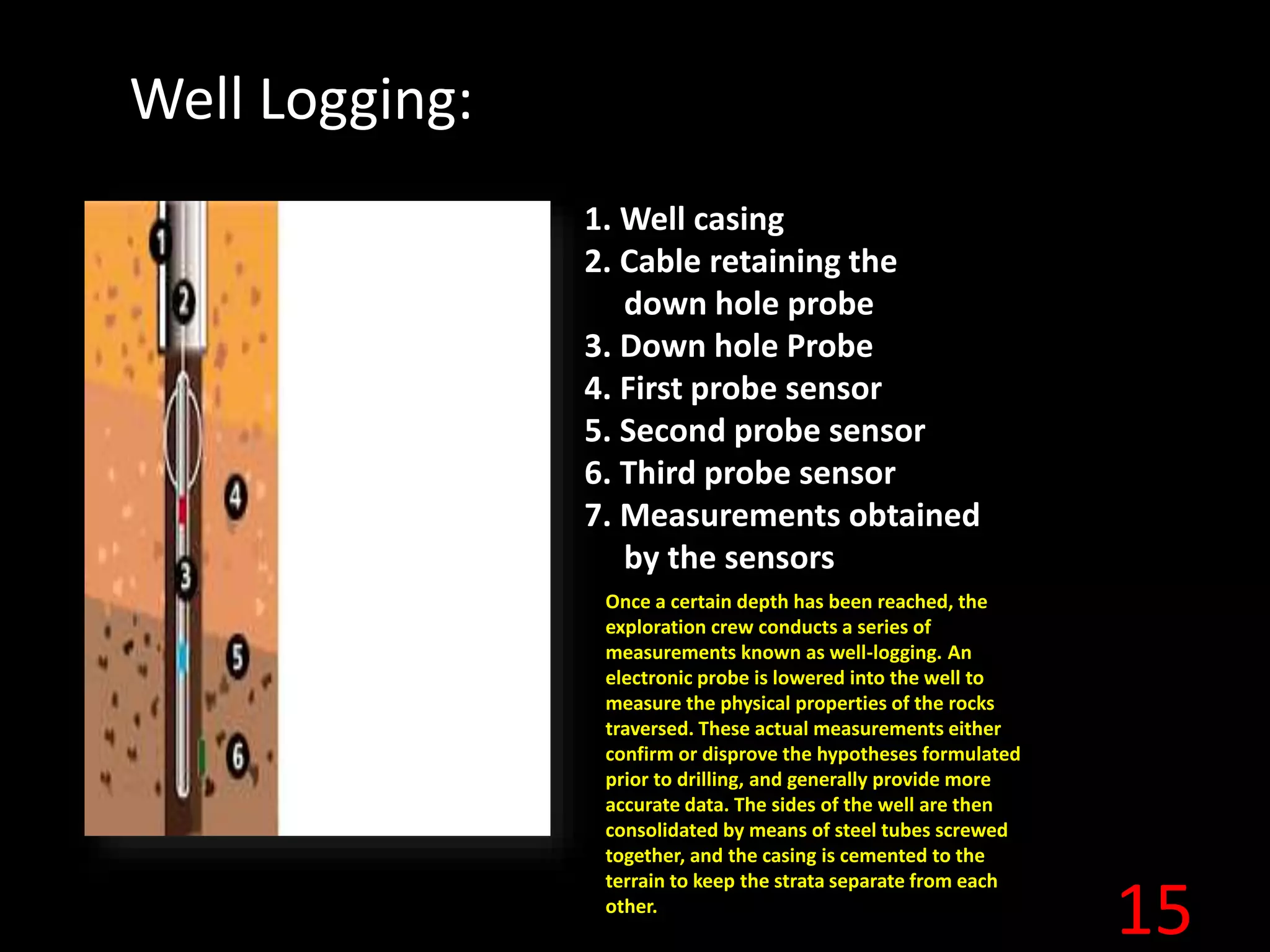 15
Well Logging:
1. Well casing
2. Cable retaining the
down hole probe
3. Down hole Probe
4. First probe sensor
5. Second probe sensor
6. Third probe sensor
7. Measurements obtained
by the sensors
Once a certain depth has been reached, the
exploration crew conducts a series of
measurements known as well-logging. An
electronic probe is lowered into the well to
measure the physical properties of the rocks
traversed. These actual measurements either
confirm or disprove the hypotheses formulated
prior to drilling, and generally provide more
accurate data. The sides of the well are then
consolidated by means of steel tubes screwed
together, and the casing is cemented to the
terrain to keep the strata separate from each
other.
 