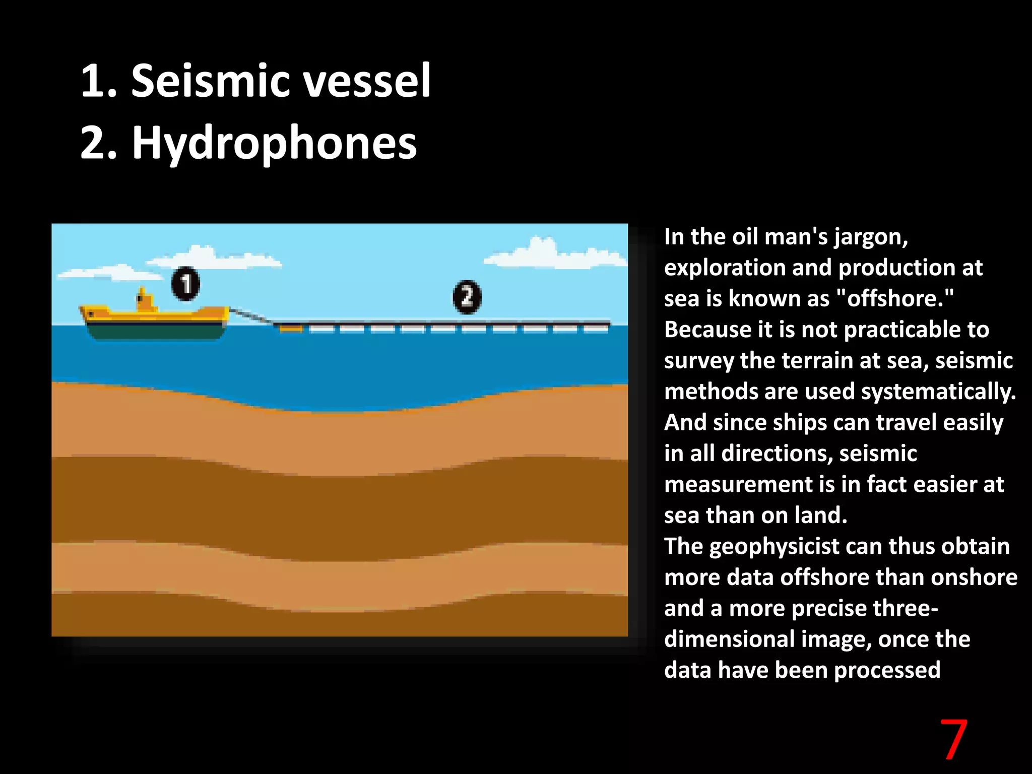 7
1. Seismic vessel
2. Hydrophones
In the oil man's jargon,
exploration and production at
sea is known as "offshore."
Because it is not practicable to
survey the terrain at sea, seismic
methods are used systematically.
And since ships can travel easily
in all directions, seismic
measurement is in fact easier at
sea than on land.
The geophysicist can thus obtain
more data offshore than onshore
and a more precise three-
dimensional image, once the
data have been processed.
 