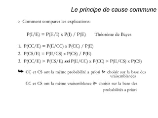 Le principe de cause commune    Comment comparer les explications: P(I/E) = P(E/I) x P(I) / P(E)   Théorème de Bayes 1.  P(CC/E) = P(E/CC) x P(CC) / P(E) 2.  P(CS/E) = P(E/CS) x P(CS) / P(E) 3.  P(CC/E) > P(CS/E)  ssi  P(E/CC) x P(CC) > P(E/CS) x P(CS)    CC et CS ont la même probabilité a priori    choisir sur la base des    vraisemblances   CC et CS ont la même vraisemblance    choisir sur la base des    probabilités a priori 