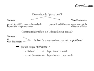Conclusion Salmon et van Fraassen Où se situe le “parce que”? Salmon:   parmi les différents explananda de la partition-explanandum Van Fraassen: parmi les différentes arguments de la classe-antithèse Comment identifie-t-on le bon facteur causal? Le bon facteur causal est celui qui est  pertinent    Qu’est-ce que “ pertinent ” ?    Salmon     la pertinence causale    van Fraassen     la pertinence contextuelle 