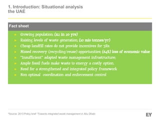 ► Growing population; (x2 in 20 yrs)
► Raising levels of waste generation; (10 mio tonnes/yr)
► Cheap landfill rates do not provide incentives for 3Rs.
► Missed recovery (recycling/reuse) opportunities; (64%) loss of economic value
► “Insufficient” adapted waste management infrastructure;
► Ample fossil fuels make waste to energy a costly option.
► Need for a strengthened and integrated policy framework
► Non optimal coordination and enforcement control
*Source: 2013 Policy brief “Towards integrated waste management in Abu Dhabi
1. Introduction: Situational analysis
the UAE
Fact sheet
 