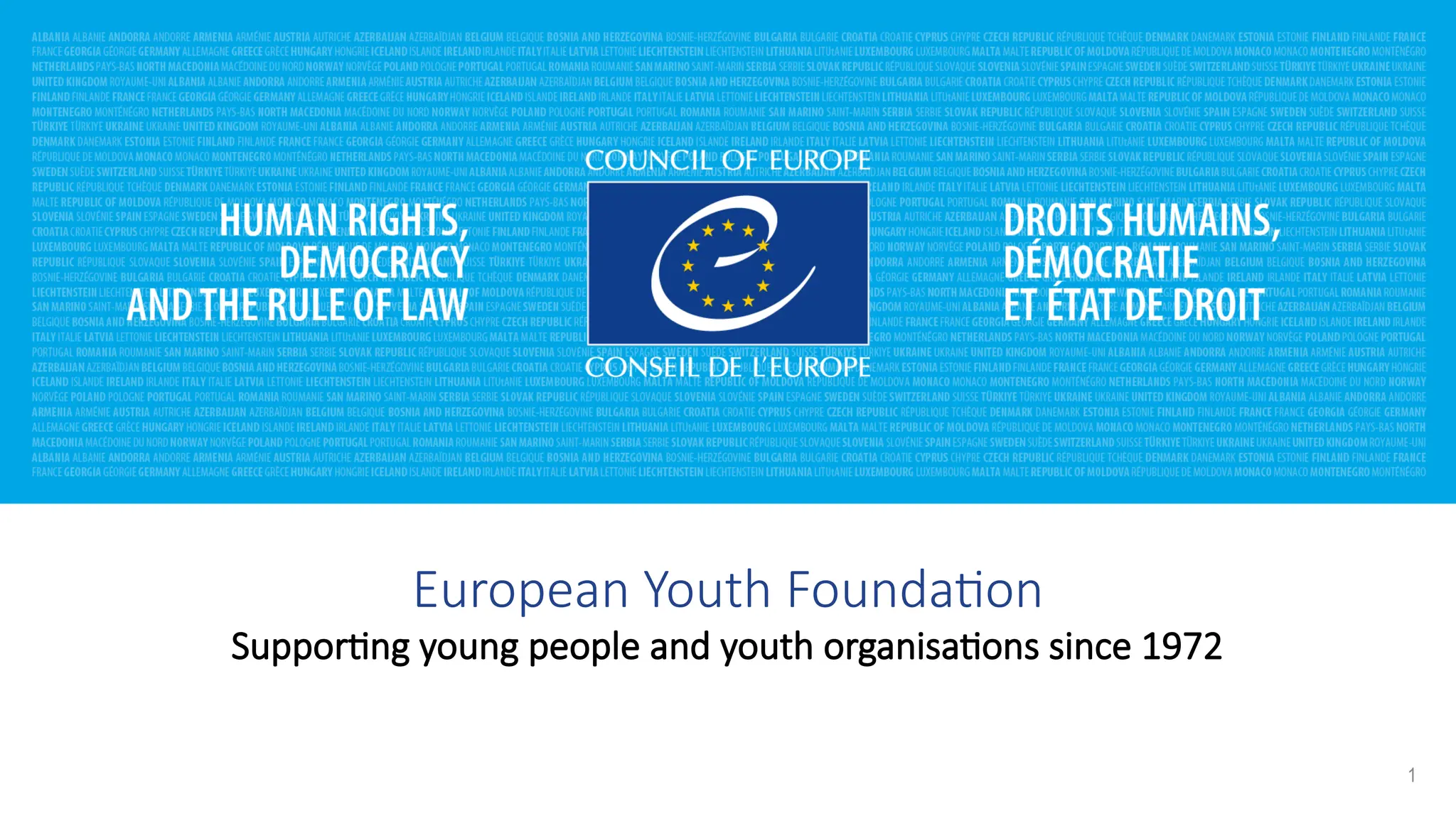 European Youth Foundation
Supporting young people and youth organisations since 1972
1
 