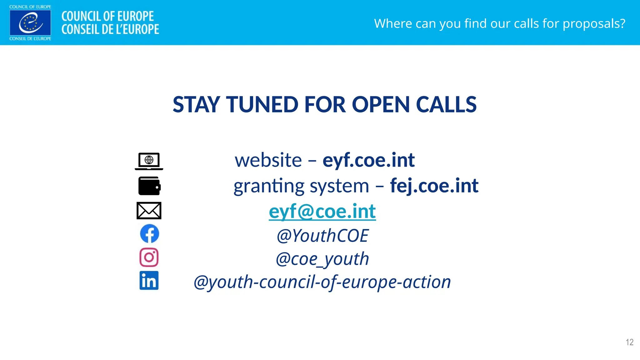 Where can you find our calls for proposals?
12
website – eyf.coe.int
granting system – fej.coe.int
eyf@coe.int
@YouthCOE
@coe_youth
@youth-council-of-europe-action
STAY TUNED FOR OPEN CALLS
 
