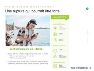 Une rupture qui pourrait être forte
P R É D I R E L E R E B O N D A P R È S L A P A N D É M I E
4
• Mode de vie adopté depuis le début de la crise
• Plus responsable pour la planète
• Meilleur pour la santé
• 4 citoyens sur 10 se sont rendus compte qu’ils
n’étaient pas satisfaits de leur vie au préalable
Confinement a été un « déclic »
 