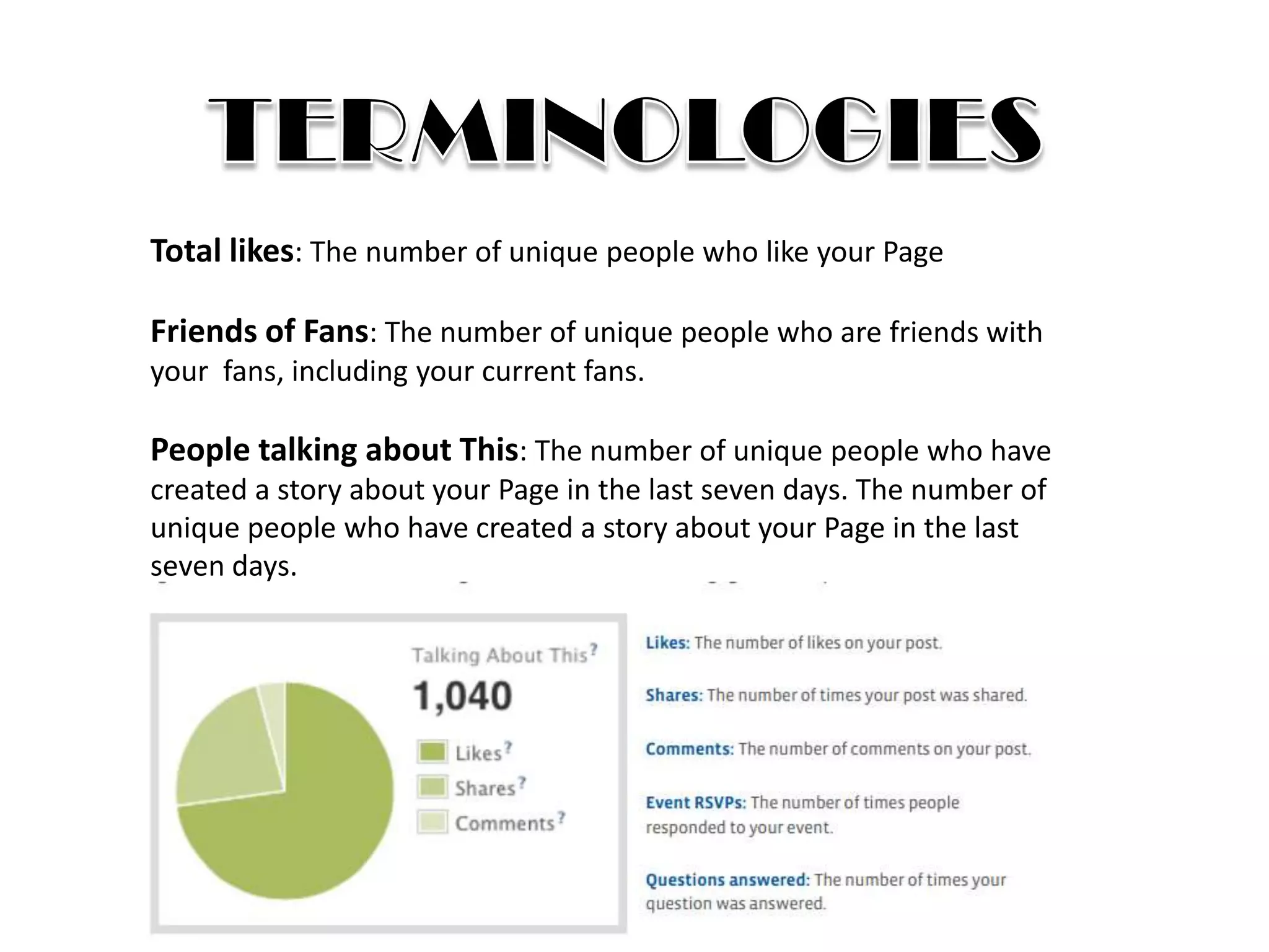 Foetron Inc.
Total likes: The number of unique people who like your Page

Friends of Fans: The number of unique people who are friends with
your fans, including your current fans.

People talking about This: The number of unique people who have
created a story about your Page in the last seven days. The number of
unique people who have created a story about your Page in the last
seven days.
 