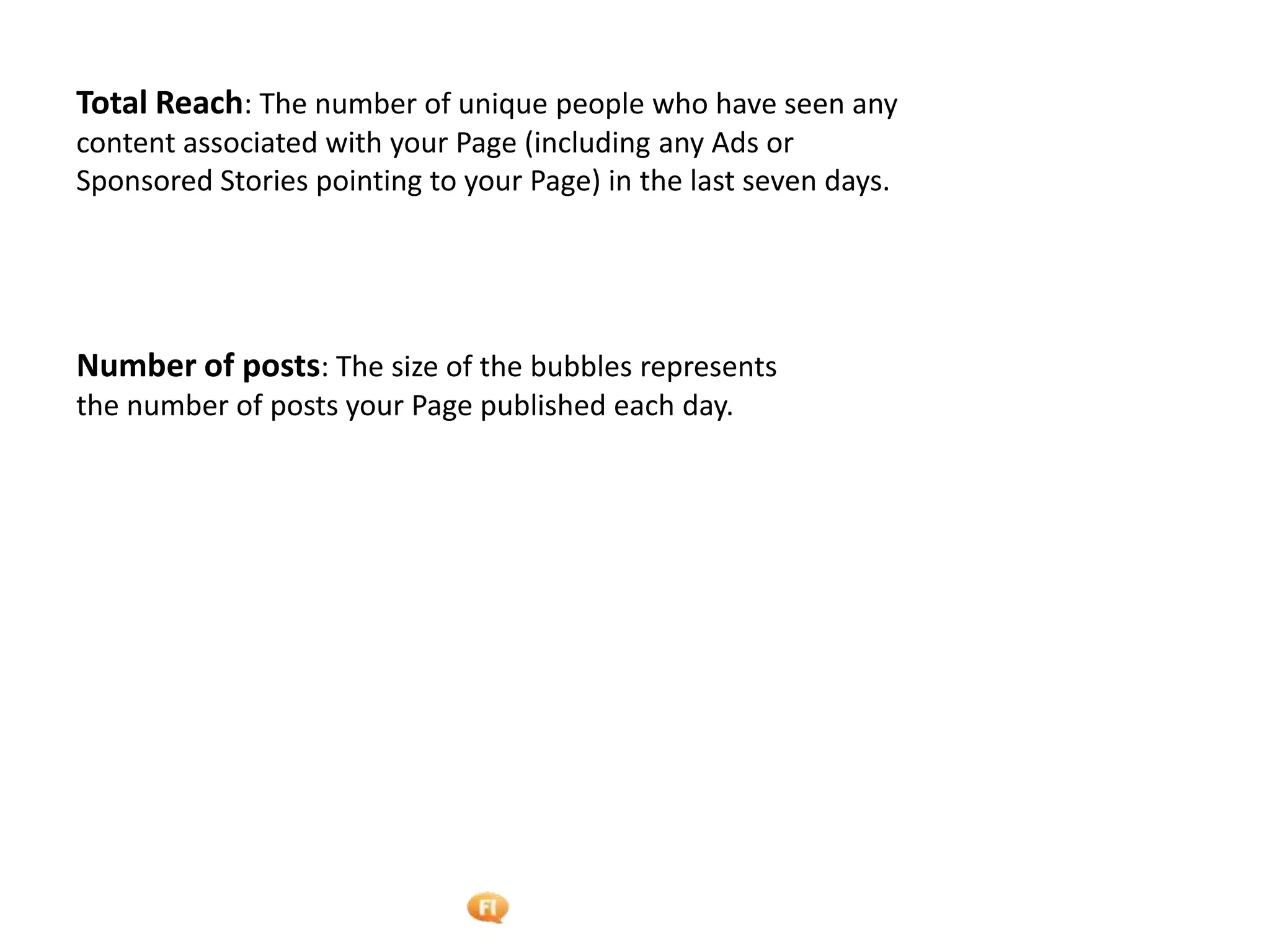 Foetron Inc.
Total Reach: The number of unique people who have seen any
content associated with your Page (including any Ads or
Sponsored Stories pointing to your Page) in the last seven days.




Number of posts: The size of the bubbles represents
the number of posts your Page published each day.
 