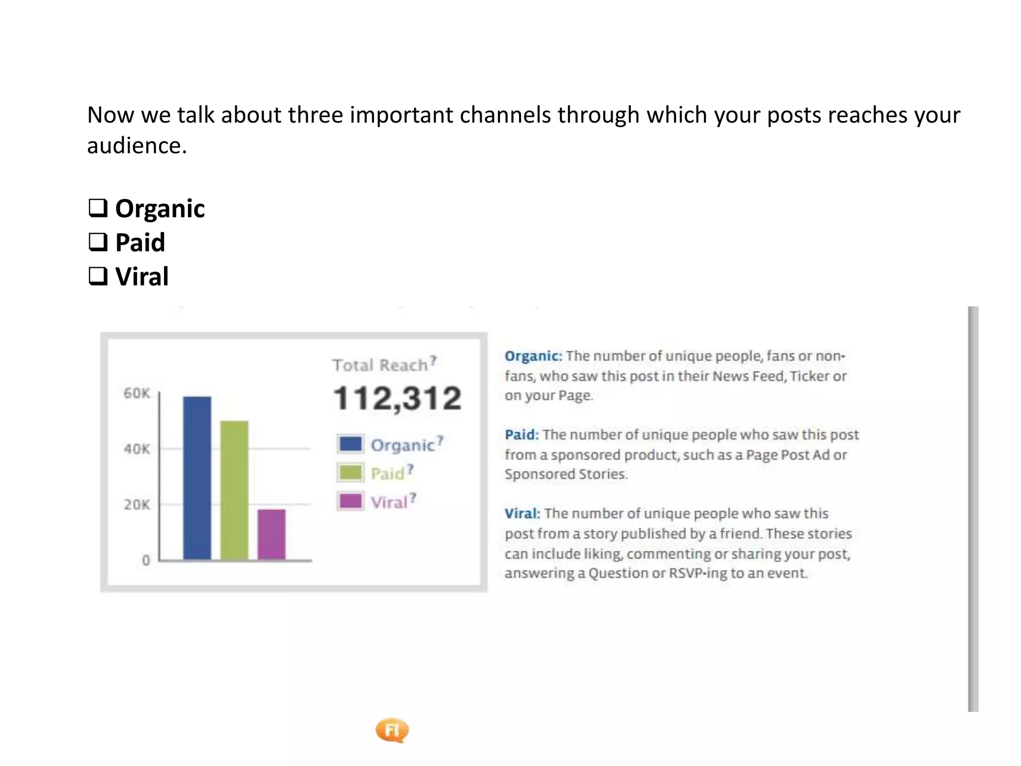 Foetron Inc.
Now we talk about three important channels through which your posts reaches your
audience.

 Organic
 Paid
 Viral

The
 