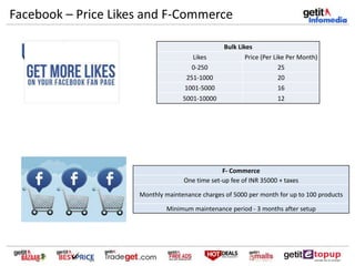 Facebook – Price Likes and F-Commerce
Bulk Likes
Likes Price (Per Like Per Month)
0-250 25
251-1000 20
1001-5000 16
5001-10000 12
F- Commerce
One time set-up fee of INR 35000 + taxes
Monthly maintenance charges of 5000 per month for up to 100 products
Minimum maintenance period - 3 months after setup
 