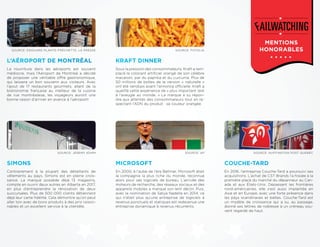 SOURCE: EDOUARD PLANTE-FRÉCHETTE, LA PRESSE SOURCE: FOTOLIA
SOURCE: JEREMY KOHM SOURCE: AP SOURCE: HUFFINGTON POST QUÉBEC
La nourriture dans les aéroports est souvent
médiocre, mais l’Aéroport de Montréal a décidé
de proposer une véritable offre gastronomique,
qui laissera un bon souvenir aux visiteurs. Avec
l’ajout de 17 restaurants gourmets, allant de la
bistronomie française au meilleur de la cuisine
de rue montréalaise, les voyageurs auront une
bonne raison d’arriver en avance à l’aéroport!
Sous la pression des consommateurs, Kraft a rem-
placé le colorant artiﬁciel orangé de son célèbre
macaroni, par du paprika et du curcuma. Plus de
50 millions de boîtes de la version « naturelle »
ont été vendues avant l’annonce ofﬁcielle. Kraft a
qualiﬁé cette expérience de « plus important test
à l’aveugle au monde. » La marque a su répon-
dre aux attentes des consommateurs tout en re-
spectant l’ADN du produit : sa couleur orangée.
Contrairement à la plupart des détaillants de
vêtements au pays, Simons est en pleine crois-
sance. La marque possède déjà 13 magasins,
compte en ouvrir deux autres en Alberta en 2017,
en plus d’entreprendre la rénovation de deux
succursales. Plus de 500 000 clients détiennent
déjà leur carte ﬁdélité. Cela démontre qu’on peut
aller loin avec de bons produits à des prix raison-
nables et un excellent service à la clientèle.
En 2000, à l’aube de l’ère Ballmer, Microsoft était
la compagnie la plus riche du monde, reconnue
alors pour ses logiciels de bureau. L’arrivée des
moteurs de recherche, des réseaux sociaux et des
appareils mobiles a marqué son lent déclin. Puis,
avec la nomination de Satya Nadella en 2014, ce
qui n’était plus qu’une entreprise de logiciels à
revenus ponctuels et statiques est redevenue une
entreprise dynamique à revenus récurrents.
En 2016, l’entreprise Couche-Tard a poursuivi ses
acquisitions. L’achat de CST Brands l’a hissée à la
première place du marché du dépanneur au Can-
ada et aux États-Unis. Dépassant les frontières
nord-américaines, elle s’est aussi implantée en
Asie et en Europe, avec une forte présence dans
les pays scandinaves et baltes. Couche-Tard est
un modèle de croissance qui a su, au passage,
donné ses lettres de noblesse à un créneau sou-
vent regardé de haut.
L’AÉROPORT DE MONTRÉAL KRAFT DINNER
SIMONS MICROSOFT COUCHE-TARD
MENTIONS
HONORABLES
 