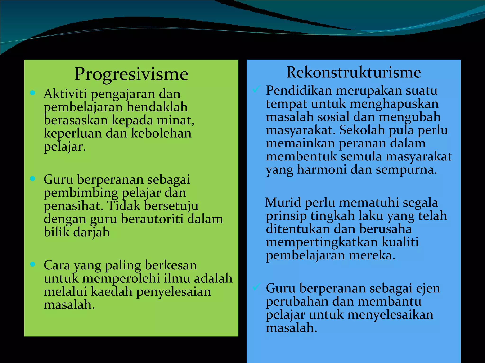 Progresivisme Aktiviti pengajaran dan pembelajaran hendaklah berasaskan kepada minat, keperluan dan kebolehan pelajar.  Guru berperanan sebagai pembimbing pelajar dan penasihat. Tidak bersetuju dengan guru berautoriti dalam bilik darjah Cara yang paling berkesan untuk memperolehi ilmu adalah melalui kaedah penyelesaian masalah. Rekonstrukturisme Pendidikan merupakan suatu tempat untuk menghapuskan masalah sosial dan mengubah masyarakat. Sekolah pula perlu memainkan peranan dalam membentuk semula masyarakat yang harmoni dan sempurna.  Murid perlu mematuhi segala prinsip tingkah laku yang telah ditentukan dan berusaha mempertingkatkan kualiti pembelajaran mereka. Guru berperanan sebagai ejen perubahan dan membantu pelajar untuk menyelesaikan masalah. 