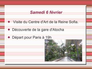 Samedi 6 février Visite du Centre d'Art de la Reine Sofia. Découverte de la gare d'Atocha Départ pour Paris à 19h 