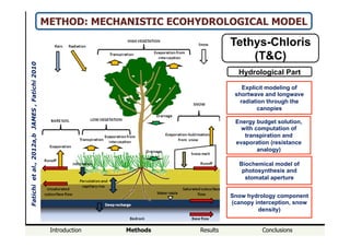 Introduction Methods Results Conclusions
METHOD: MECHANISTIC ECOHYDROLOGICAL MODEL
Tethys-Chloris
(T&C)
Explicit modeling of
shortwave and longwave
radiation through the
canopies
Energy budget solution,
with computation of
transpiration and
evaporation (resistance
analogy)
Hydrological Part
Biochemical model of
photosynthesis and
stomatal aperture
Fatichietal.,2012a,bJAMES,Fatichi2010
Snow hydrology component
(canopy interception, snow
density)
 