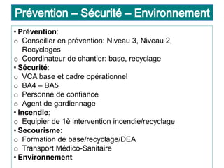 • Prévention:
o Conseiller en prévention: Niveau 3, Niveau 2,
Recyclages
o Coordinateur de chantier: base, recyclage
• Sécurité:
o VCA base et cadre opérationnel
o BA4 – BA5
o Personne de confiance
o Agent de gardiennage
• Incendie:
o Equipier de 1è intervention incendie/recyclage
• Secourisme:
o Formation de base/recyclage/DEA
o Transport Médico-Sanitaire
• Environnement
 