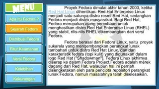 Apa Itu Fedora ?

Sejarah Fedora

Distribusi Fedora

Fitur Keamanan

  Versi Fedora

   Kelebihan

  Kekurangan
 