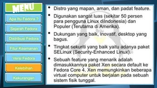 Apa Itu Fedora ?

Sejarah Fedora

Distribusi Fedora

Fitur Keamanan

  Versi Fedora

   Kelebihan

  Kekurangan
 
