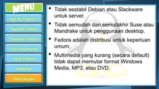 Apa Itu Fedora ?

Sejarah Fedora

Distribusi Fedora

Fitur Keamanan

  Versi Fedora

   Kelebihan

  Kekurangan
 
