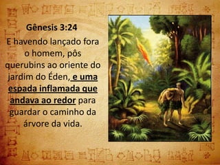 Gênesis 3:24
E havendo lançado fora
     o homem, pôs
querubins ao oriente do
 jardim do Éden, e uma
 espada inflamada que
  andava ao redor para
  guardar o caminho da
     árvore da vida.
 