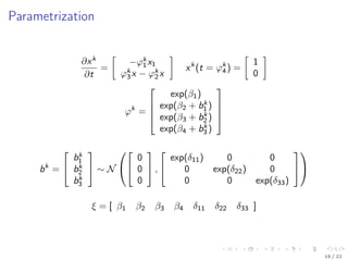Parametrization
∂xk
∂t
=
−ϕk
1x1
ϕk
3x − ϕk
2x
xk
(t = ϕk
4) =
1
0
ϕk
=




exp(β1)
exp(β2 + bk
1 )
exp(β3 + bk
2 )
exp(β4 + bk
3 )




bk
=


bk
1
bk
2
bk
3

 ∼ N




0
0
0

 ,


exp(δ11) 0 0
0 exp(δ22) 0
0 0 exp(δ33)




ξ = [ β1 β2 β3 β4 δ11 δ22 δ33 ]
15 / 22
 