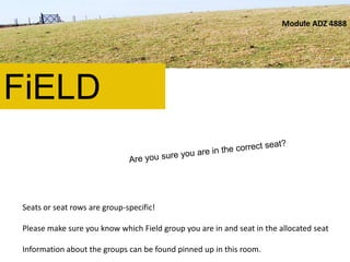 FiELD
Seats or seat rows are group-specific!
Please make sure you know which Field group you are in and seat in the allocated seat
Information about the groups can be found pinned up in this room.
Module ADZ 4888
 