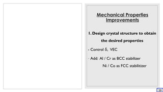 Mechanical Properties
Improvements
1. Design crystal structure to obtain
the desired properties
- Control δ, VEC
- Add: Al / Cr as BCC stabilizer
Ni / Co as FCC stabilitizer
20
 
