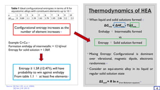 Thermodynamics of HEA
◦ When liquid and solid solutions formed [4]
ΔGmix = ΔHfmix -TΔSmix
Enthalpy  Intermetallic formed
vs
Entropy  Solid solution formed
◦ Mixing Entropy: Configurational is dominant
over vibrational, magnetic dipole, electronic
randomness [4]
◦ Consider an equi-atomic alloy in its liquid or
regular solid solution state
ΔSconf = R ln n (from Boltzmann equation)
[4]
4
Table 1 Ideal configurational entropies in terms of R for
equiatomic alloys with constituent elements up to 10 [6]
Configurational entropy increases as the
number of element increases [6]
Source: [4] Yeh, J.W., et al. (2004)
[6] Yeh, J.W. (2013)
Example Cr-Cu: [6]
Formation enthalpy of intermetallic = 12 kJ/mol
Entropy for solid solution = 1.06R
Entropy ≥ 1.5R (12.471), will have
probability to win against enthalpy
From table 1.1  at least five elements[6]
 