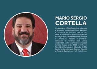 O palestrante é filósofo, escritor, educador
e professor universitário com Mestrado
e Doutorado em Educação pela PUC-SP,
onde é professor da Pós-Graduação em
Educação e do Departamento de Teologia
e Ciências da Religião; é professor-
convidado da Fundação Dom Cabral,
desde 1997, e o foi no GVPec da Fundação
Getúlio Vargas, entre 1998 e 2010. Foi
Secretário Municipal de Educação de São
Paulo, tendo antes sido Assessor Especial
e Chefe de Gabinete do Prof. Paulo Freire.
MARIO SÉRGIO
CORTELLA
 