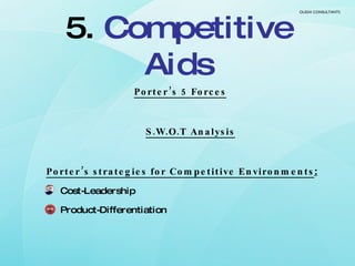 5.  Competitive Aids <ul><li>Porter’s 5 Forces </li></ul><ul><li>S.W.O.T Analysis </li></ul><ul><li>Porter’s strategies fo...