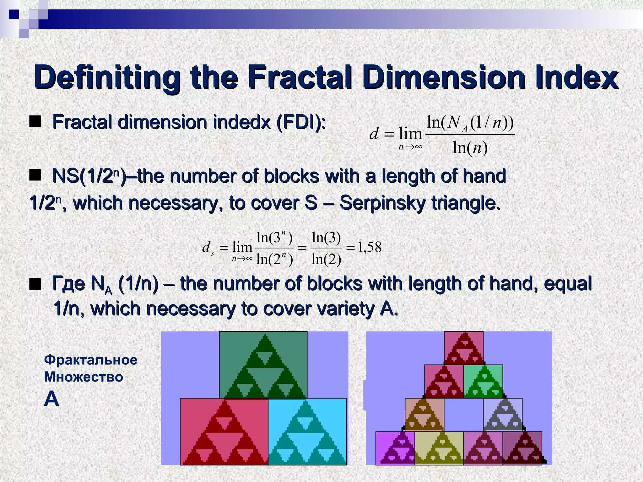 Definiting the Fractal Dimension Index Fractal dimension indedx  ( FDI ) : NS(1/2 n ) – the number of blocks with a length of hand 1/2 n ,  which necessary ,  to cover S  –  Serpinsky triangle . Где  N A   (1/ n ) –  the number of blocks with length of hand ,  equal  1/ n ,  which necessary to cover   variety  А.   Фрактальное  Множество А 