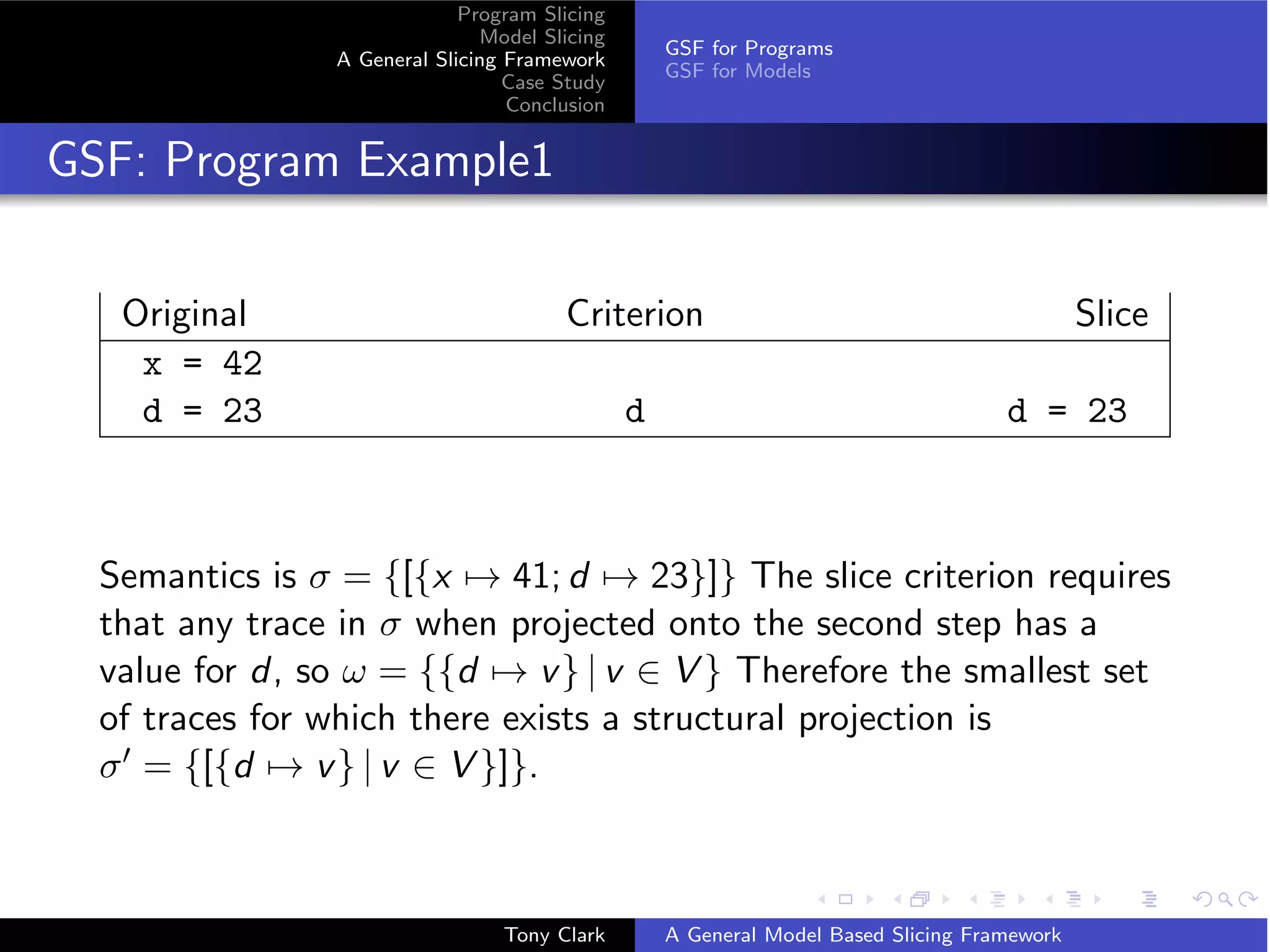 Program Slicing
                               Model Slicing
                                                   GSF for Programs
                A General Slicing Framework
                                                   GSF for Models
                                  Case Study
                                  Conclusion


GSF: Program Example1

   Original                            Criterion                                             Slice
    x = 42
    d = 23                                     d                                    d = 23



  Semantics is σ = {[{x → 41; d → 23}]} The slice criterion requires
  that any trace in σ when projected onto the second step has a
  value for d, so ω = {{d → v } | v ∈ V } Therefore the smallest set
  of traces for which there exists a structural projection is
  σ = {[{d → v } | v ∈ V }]}.



                                 Tony Clark        A General Model Based Slicing Framework
 