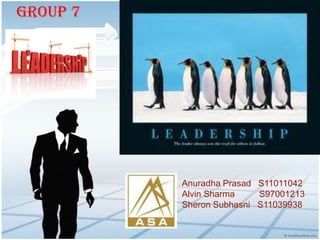 Group 7




          Anuradha Prasad S11011042
          Alvin Sharma    S97001213
          Sheron Subhasni S11039938
 