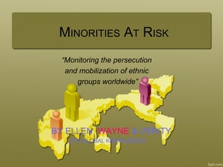 MINORITIES AT RISK
  “Monitoring the persecution
   and mobilization of ethnic
      groups worldwide”




BY ELLEN, WAYNE & VERITY
    UTS:GLOBAL KNOWLEDGES
 