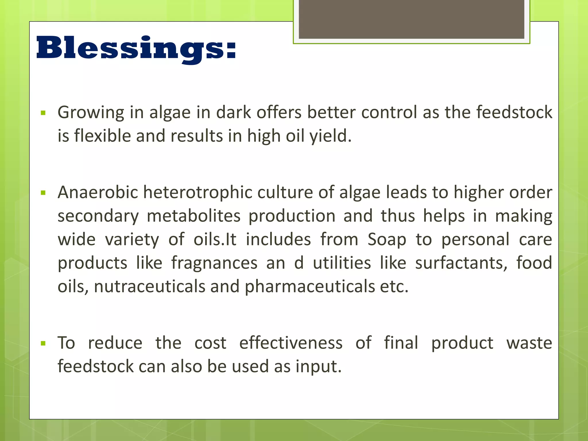 Blessings:
   Growing in algae in dark offers better control as the feedstock
    is flexible and results in high oil yield.

   Anaerobic heterotrophic culture of algae leads to higher order
    secondary metabolites production and thus helps in making
    wide variety of oils.It includes from Soap to personal care
    products like fragnances an d utilities like surfactants, food
    oils, nutraceuticals and pharmaceuticals etc.

   To reduce the cost effectiveness of final product waste
    feedstock can also be used as input.
 