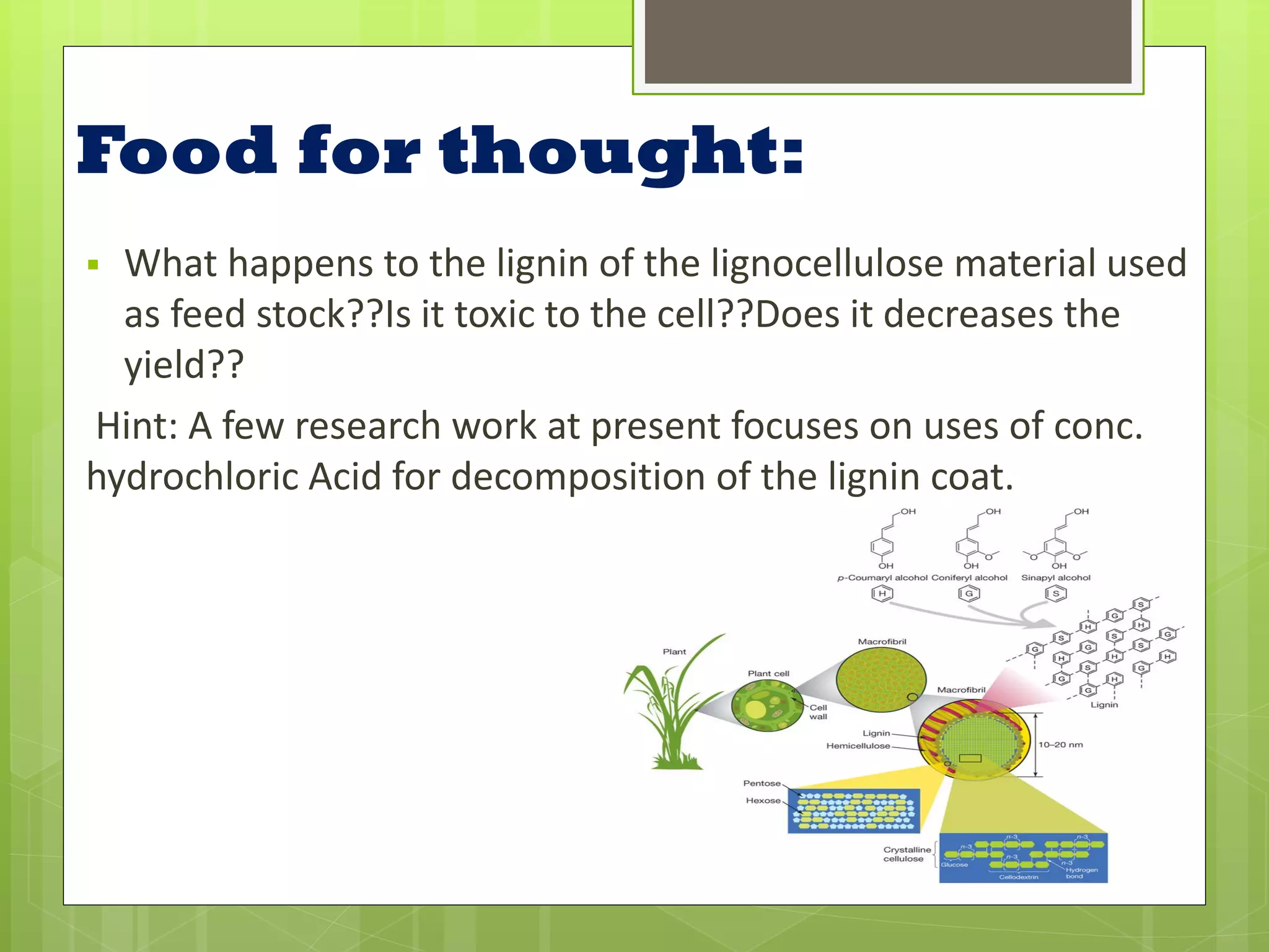 Food for thought:
 What happens to the lignin of the lignocellulose material used
  as feed stock??Is it toxic to the cell??Does it decreases the
  yield??
Hint: A few research work at present focuses on uses of conc.
hydrochloric Acid for decomposition of the lignin coat.
 