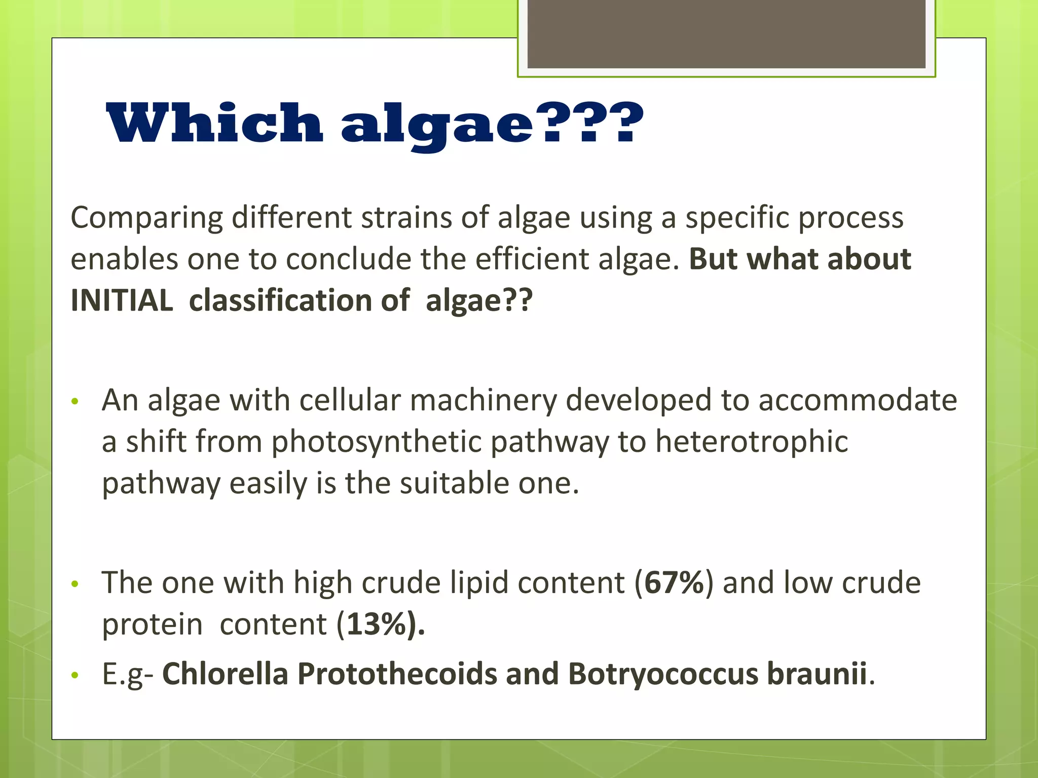 Which algae???
Comparing different strains of algae using a specific process
enables one to conclude the efficient algae. But what about
INITIAL classification of algae??

•   An algae with cellular machinery developed to accommodate
    a shift from photosynthetic pathway to heterotrophic
    pathway easily is the suitable one.

•   The one with high crude lipid content (67%) and low crude
    protein content (13%).
•   E.g- Chlorella Protothecoids and Botryococcus braunii.
 