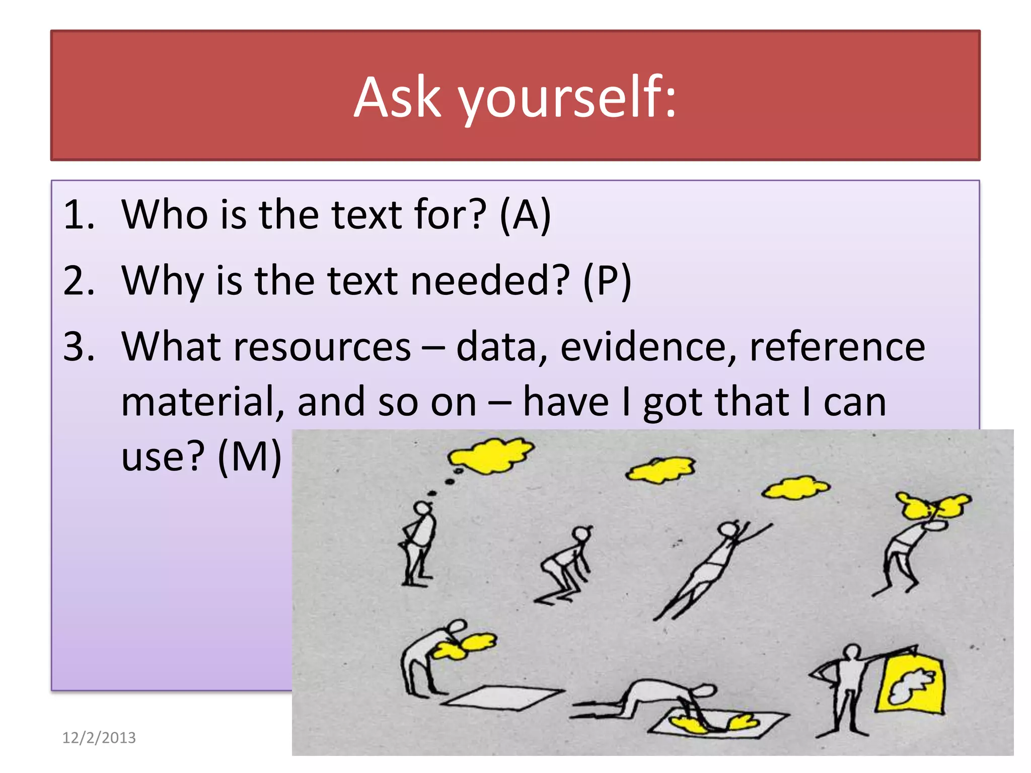 Ask yourself:
1. Who is the text for? (A)
2. Why is the text needed? (P)
3. What resources – data, evidence, reference
material, and so on – have I got that I can
use? (M)

12/2/2013

 