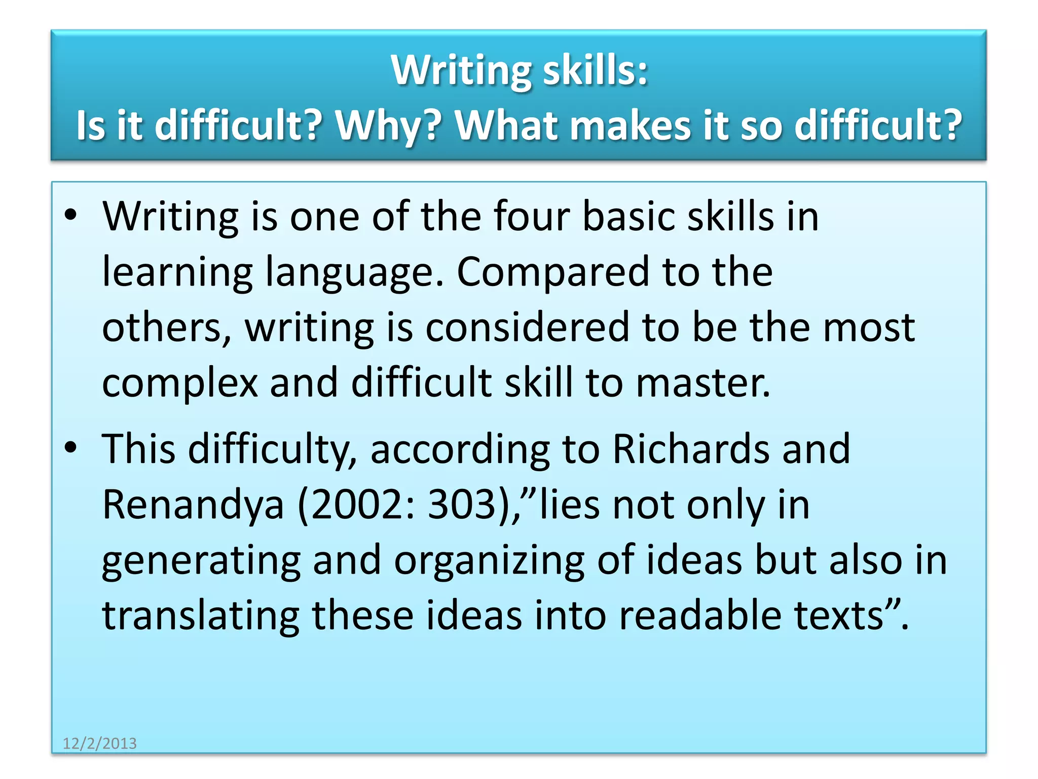 Writing skills:
Is it difficult? Why? What makes it so difficult?
• Writing is one of the four basic skills in
learning language. Compared to the
others, writing is considered to be the most
complex and difficult skill to master.
• This difficulty, according to Richards and
Renandya (2002: 303),”lies not only in
generating and organizing of ideas but also in
translating these ideas into readable texts”.
12/2/2013

 
