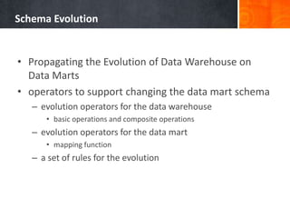 Schema Evolution

• Propagating the Evolution of Data Warehouse on
Data Marts
• operators to support changing the data mart schema
– evolution operators for the data warehouse
• basic operations and composite operations

– evolution operators for the data mart
• mapping function

– a set of rules for the evolution

 