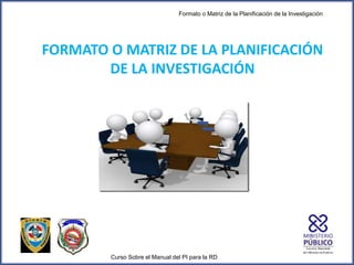 Formato o Matriz de la Planificación de la Investigación
Curso Sobre el Manual del PI para la RD
FORMATO O MATRIZ DE LA PLANIFICACIÓN
DE LA INVESTIGACIÓN
 