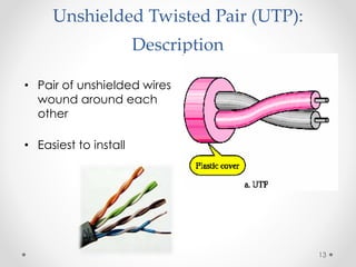 Unshielded Twisted Pair (UTP): 
Description 
• Pair of unshielded wires 
wound around each 
other 
• Easiest to install 
13 
 