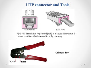 UTP connector and Tools 
RJ45 (RJ stands for registered jack) is a keyed connector, it 
means that it can be inserted in only one way 
17 
Crimper Tool 
 