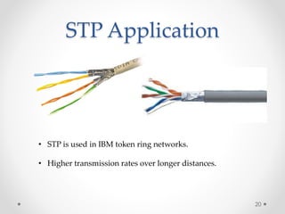 STP Application 
• STP is used in IBM token ring networks. 
• Higher transmission rates over longer distances. 
20 
 