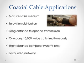 Coaxial Cable Applications 
• Most versatile medium 
• Television distribution 
• Long distance telephone transmission 
• Can carry 10,000 voice calls simultaneously 
• Short distance computer systems links 
• Local area networks 
25 
 