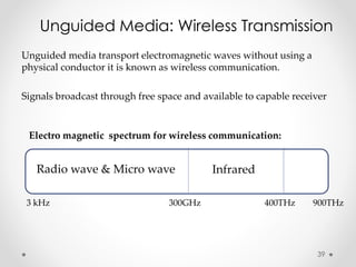Unguided Media: Wireless Transmission 
Unguided media transport electromagnetic waves without using a 
physical conductor it is known as wireless communication. 
Signals broadcast through free space and available to capable receiver 
Electro magnetic spectrum for wireless communication: 
Radio wave & Micro wave Infrared 
3 kHz 300GHz 400THz 900THz 
39 
 