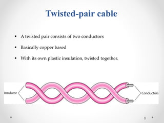 Twisted-pair cable 
 A twisted pair consists of two conductors 
 Basically copper based 
 With its own plastic insulation, twisted together. 
8 
 